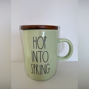 NWT Rae Dunn Artisan Hop Into Spring Pastel Green Mug & Wooden Lid Coaster